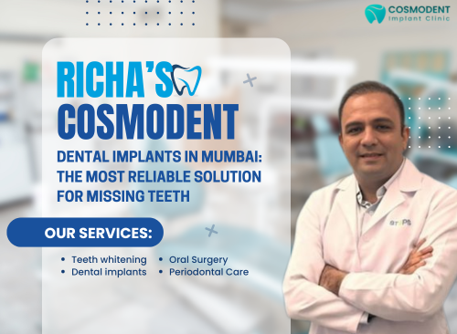 Banner of Richa's Cosmodent promoting dental implants in Mumbai with dentist portrait and services