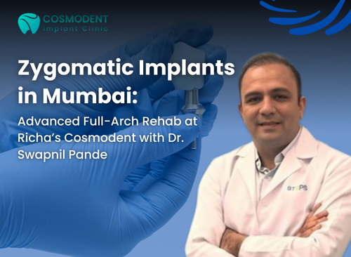 Dr. Swapnil Pande at Cosmodent Implant Clinic, Mumbai, with a banner headline about zygomatic dental implants and full-arch implant solutions.