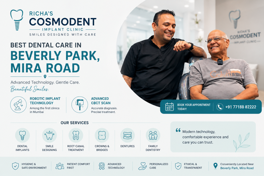 Richa's Cosmodent Implant Clinic in Beverly Park, Mira Road offering advanced dental care with robotic implant technology, CBCT imaging, and smile restoration.